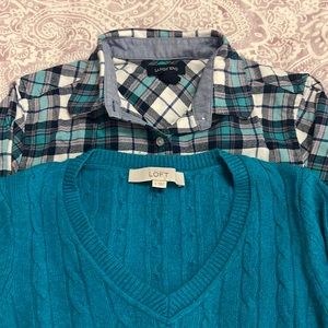Lands’ End Women’s Flannel XS teal plaid EUC & bonus Ann Taylor Loft pullover